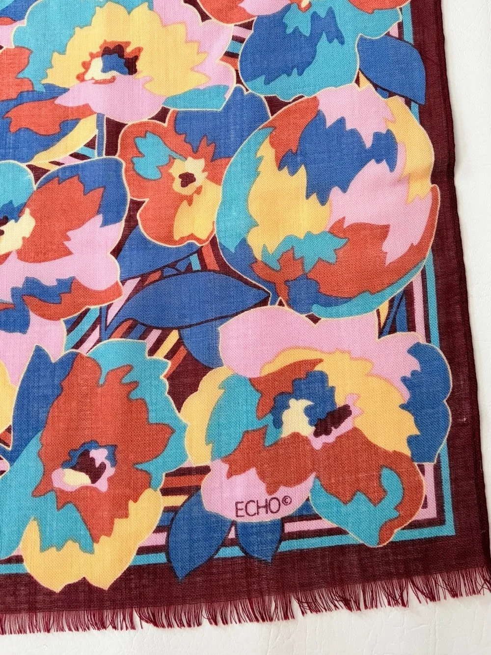 Echo Scarf Wrap Oblong 100% Wool Floral New
